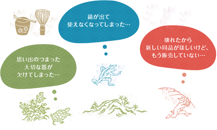 「錆が出て使えなくなってしまった…」「思い出のつまった大切な器が欠けてしまった…」「壊れたから新しい同品がほしいけど、もう販売していない…」